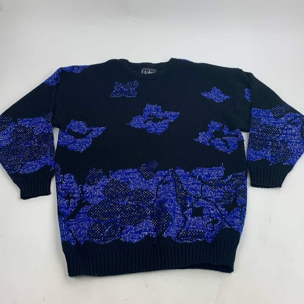 Vintage Ja Lynn Metallic Blue & Black Sweater Crew neck with Sparkle Large